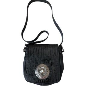 Nina Arjani Vintage Black Croc-Embossed Genuine Leather Crossbody Bag